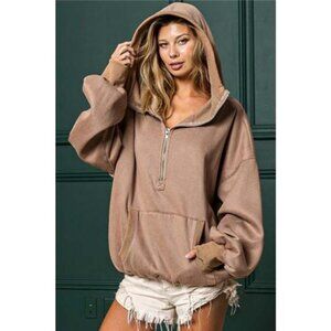 BiBi Stitch Detailed Elastic Hem Half Zip Fleece Hoodie